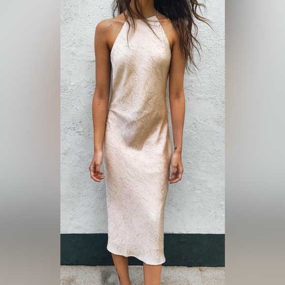 ZARA WRINKLE-LOOK BEADED MIDI DRESS SIZE L - Picture 2 of 10